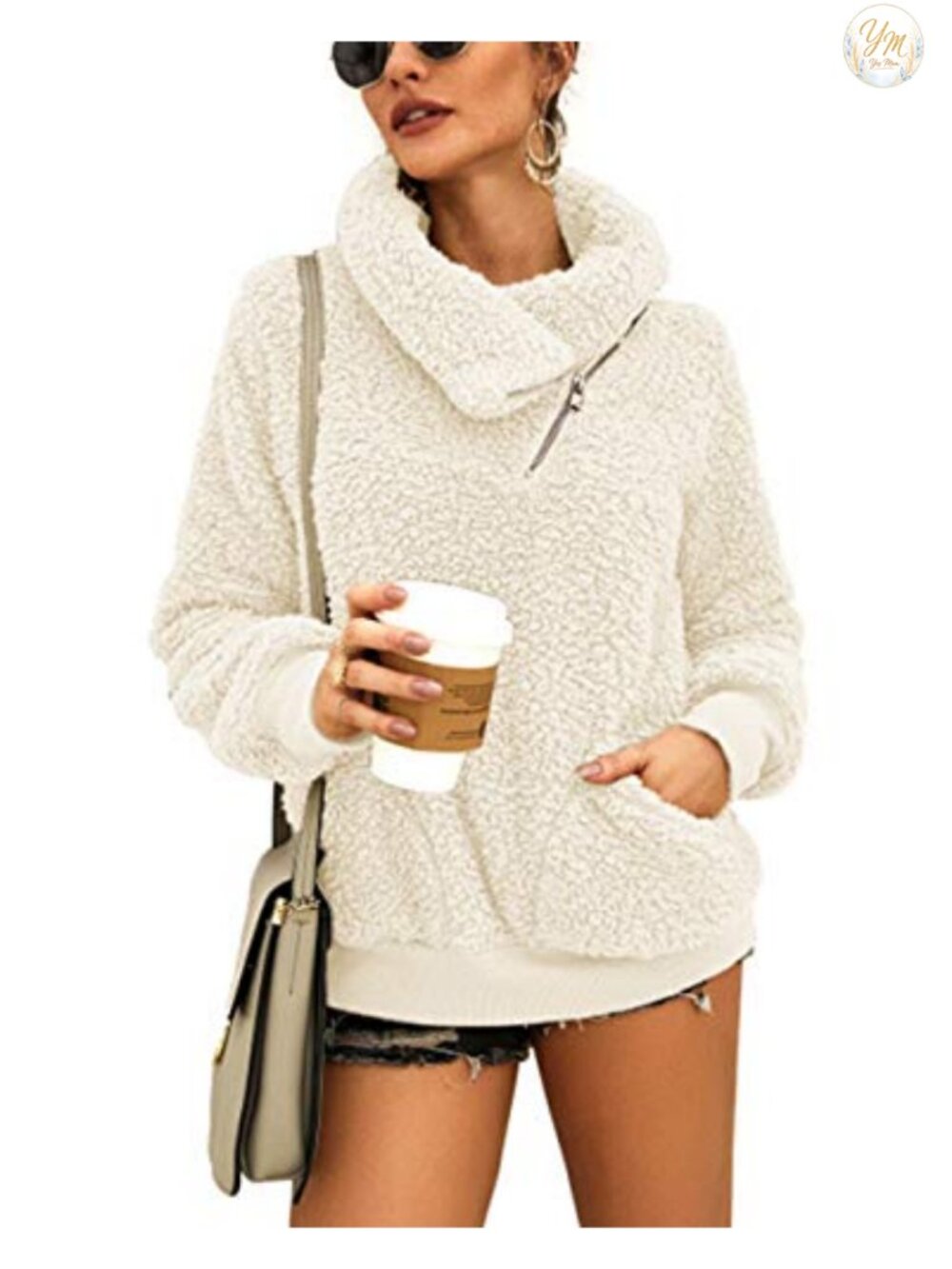 Womens Sherpa Fleece Pullover with Zipper High Neck Casual